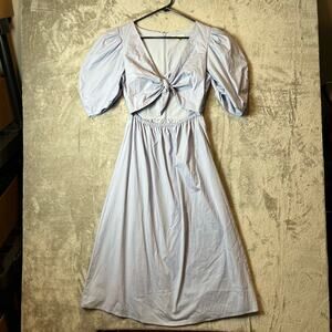 WAYF Peggy Twist Cut Out Short Puff Sleeve Midi Dress Blue Wedding Summer Cute 8